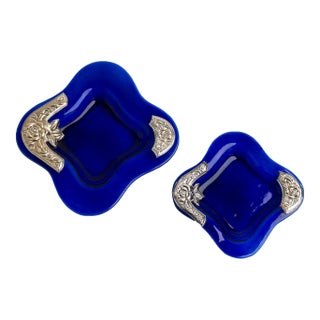 Vintage Cobalt Blue Glass Catchalls With Silver Overlay - Set of 2 For Sale