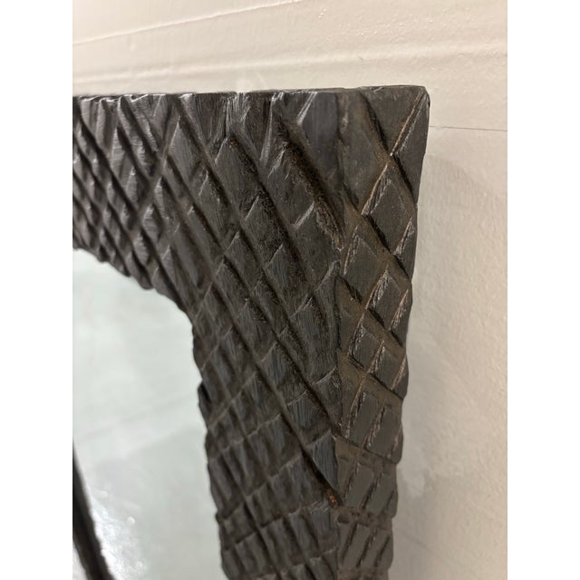 Hand-Carved Wooden Black Mirror Frame Featuring a Textured Pattern For Sale - Image 4 of 5