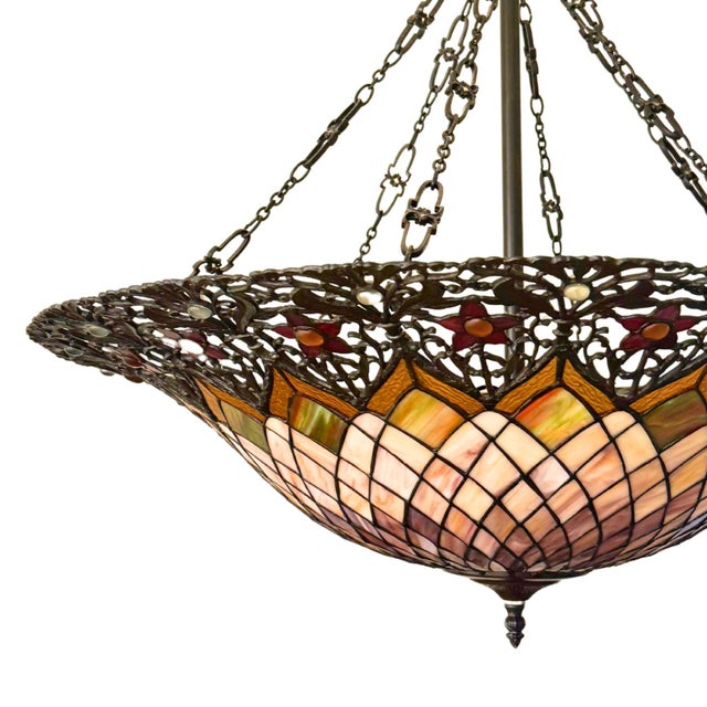 Art Nouveau Late 20th Century Tiffany-Style Stained Glass Inverted Dome Chandelier With Floral Detail For Sale - Image 3 of 6