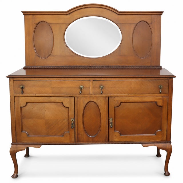 1940s Antique Honey-Brown Wood Buffet With Oval Mirror and Cabriole Legs For Sale In Tampa - Image 6 of 10