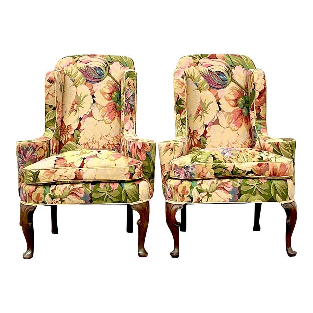 Vintage Boho Wingback Chairs in Brunschwig and Fils Floral - a Pair For Sale
