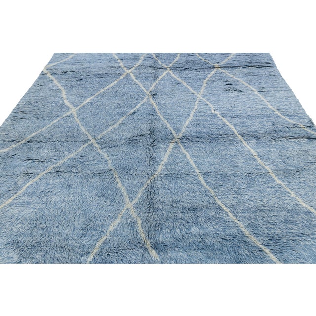 Handmade Moroccan Style Wool Rug With Soft Lattice Geometric in Denim Blue 8x10 For Sale - Image 12 of 12