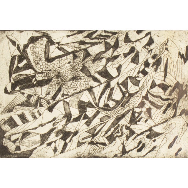 An abstract etching by the American artist Mae Alice Engron (1942-2007). Titled "Flight," this abstract work depicts...