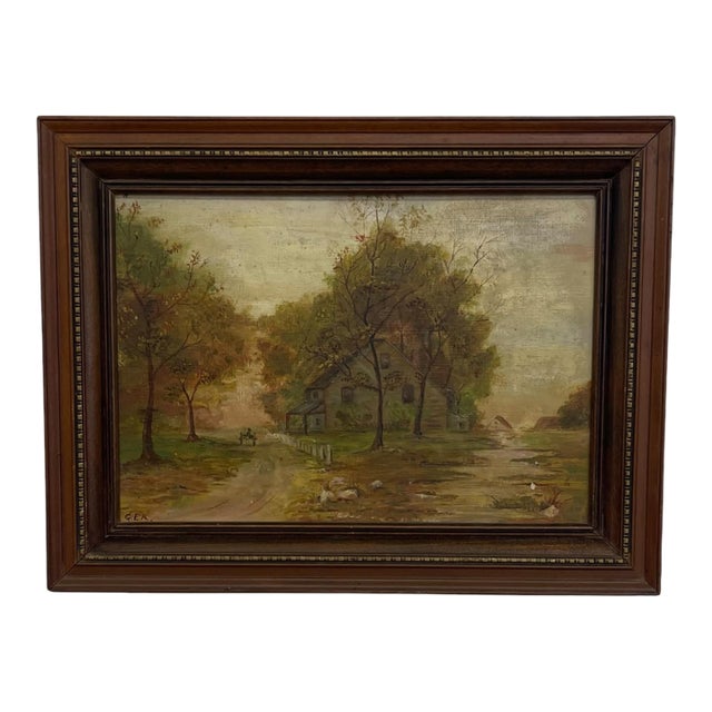 Vintage Framed Rural Landscape Painting on Canvas Board, Signed g.e.k. For Sale