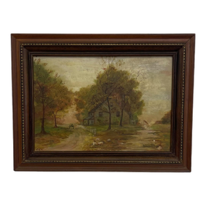 Vintage Framed Rural Landscape Painting on Canvas Board, Signed g.e.k.