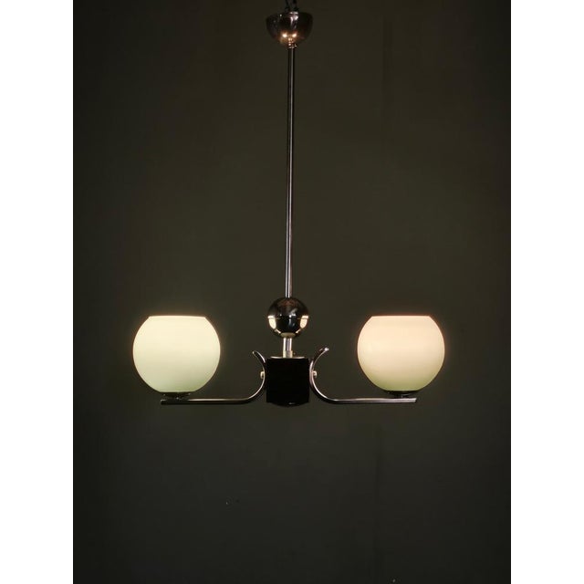 Art Deco Chrome and Opaline Glass Chandelier, Former Czechoslovakia, 1930s For Sale - Image 11 of 12