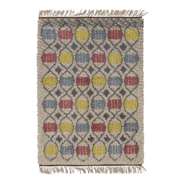 Vintage Swedish Rya Rug, Beige With Colorful Scandinavian Geometry - Rug & Kilim For Sale