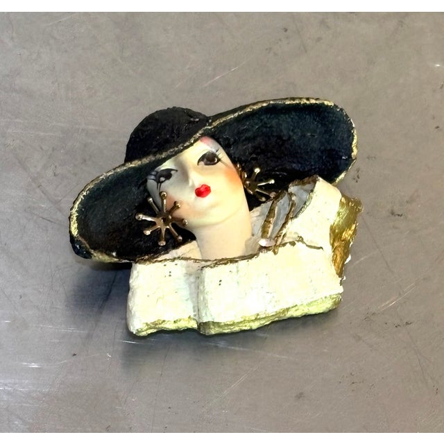 Boho Chic Painted Plaster Woman W/ Hat Brooch For Sale - Image 3 of 4