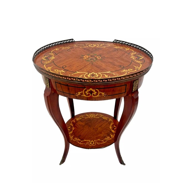 1940s 1940s French Oval Table Entry Stand Shelf Drawer Geometric Inlays Hand Painted Floral For Sale - Image 5 of 11