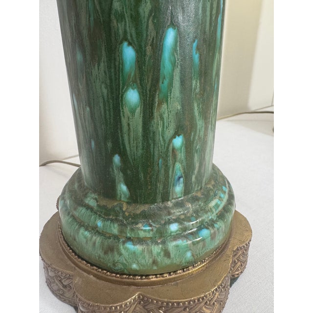 Vintage Mid Century Hollywood Regency Drip Glaze Ceramic Aqua, Brass & Gold Leaf Shaded Table Lamps, a Pair For Sale - Image 10 of 18