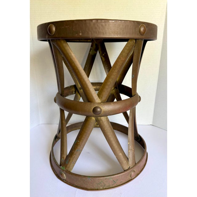 Metal Vintage Hammered Brass X-Form Drum Stool With Riveted Details For Sale - Image 7 of 11