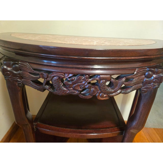 Mid 20th century Chin-Hua Rosewood Demilune Marble Console Table bought at auction in San Jose California in 1995.