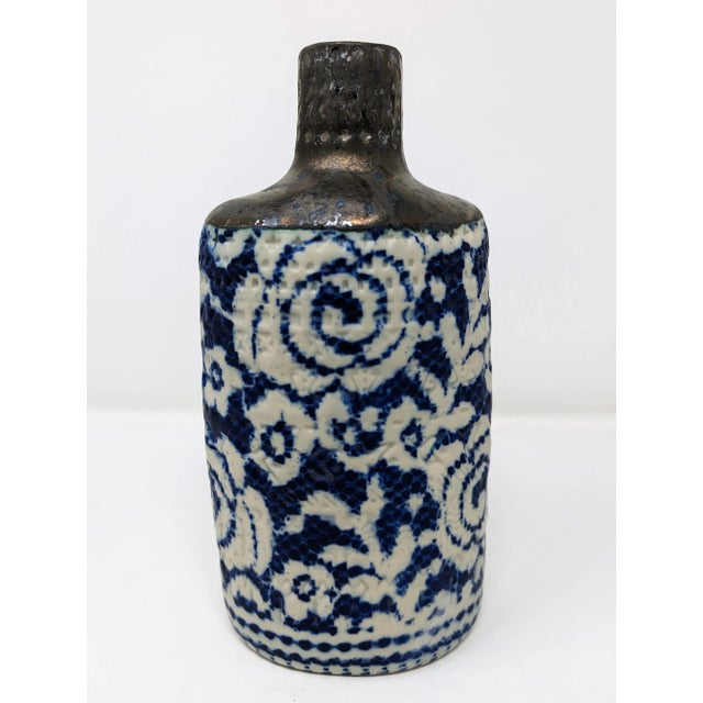 Costal Blue, White, and Metalic Hand Painted and Handmade Ceramic Floral Vase Description For Sale - Image 4 of 7