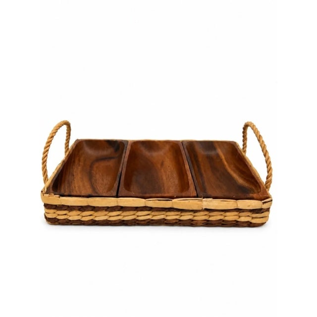 Beautiful vintage mid-century serving tray combining three sculpted teak sections with a woven natural-fiber basket-style...