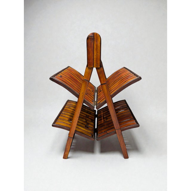 Boho Chic Vintage French Folding Magazine Rack, 2-Tier Bamboo & Rattan Wicker Holder, Boho Coastal Mid-Century Storage For Sale - Image 3 of 5