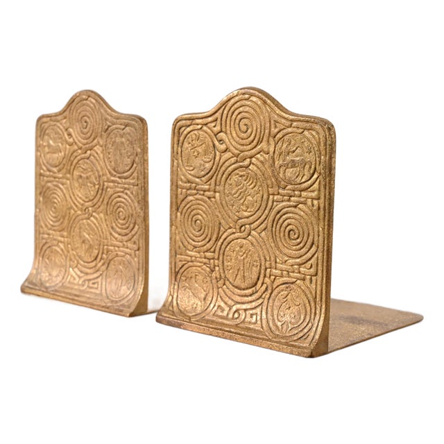 Tiffany Studios New York Bronze Doré Zodiac Bookends, Circa 1910 For Sale