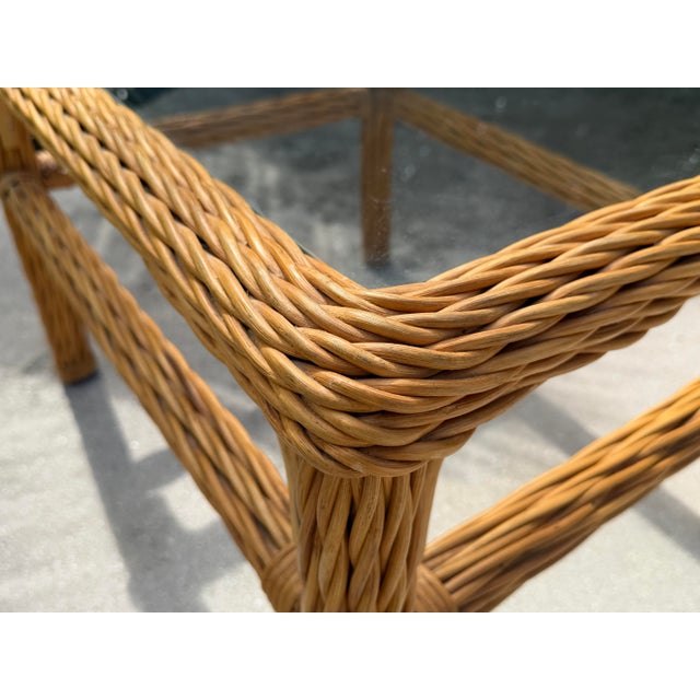 English Vintage Woven Rattan End Tables With Glass Tops, Pair For Sale - Image 3 of 12