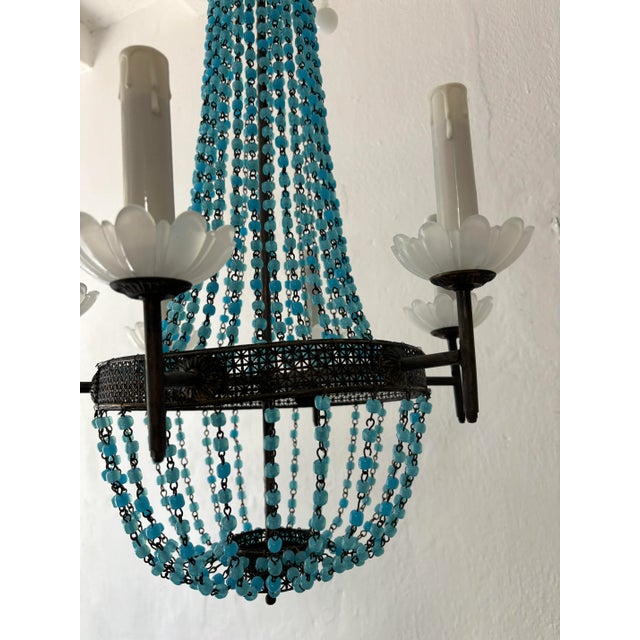 Italian Empire White Murano Opaline Beads Blue Beaded Tole Chandelier, C 1900 For Sale - Image 9 of 10