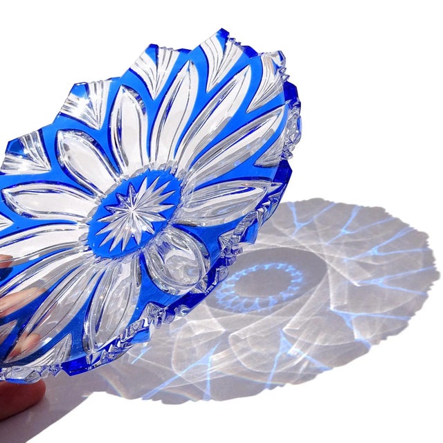 Early 21st Century Czech Republic Bohemian Caesar Blue Crystal Clear Decorative Flower Design Cut Glass Bowl Plate For Sale - Image 5 of 9