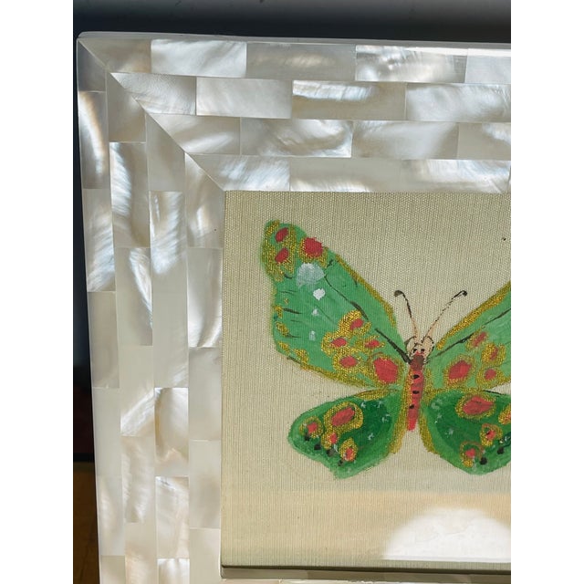 Shabby Chic Original Butterfly Painting on Canvas in Mother of Pearl Frame For Sale - Image 3 of 4