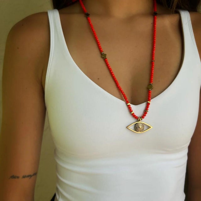 Early 21st Century Christmas Vibe Watchful Evil Eye Pendant Red Beaded Necklace For Sale - Image 5 of 11