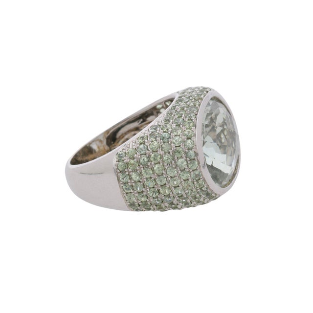 13.50 Carat Oval Checkerboard Cut Green Amethyst Pave 14k White Gold Dome Ring, Size 7.25 For Sale - Image 4 of 7
