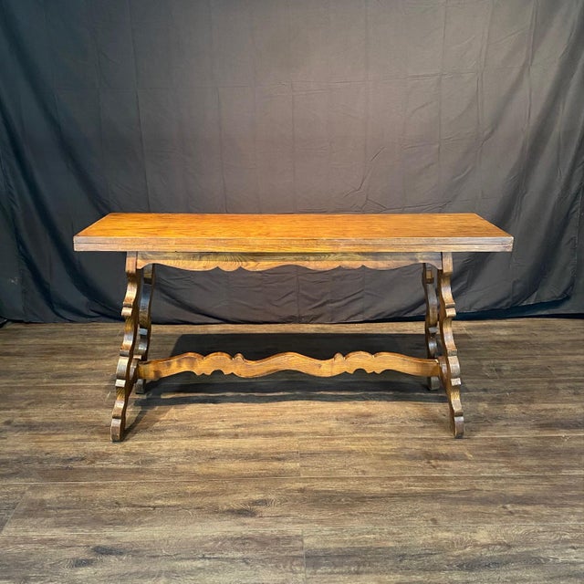 1950s French Console Table or Dining Table With Carved Trestle Base and Folding Top For Sale - Image 5 of 8