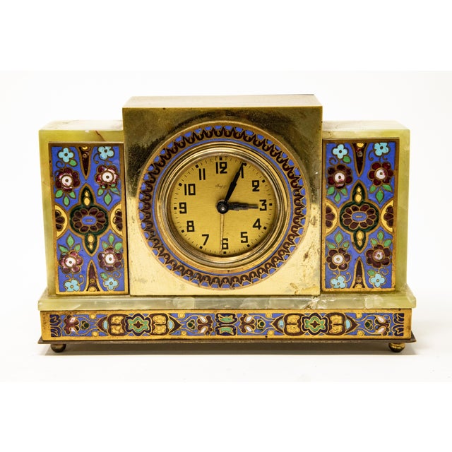 Offering this stunning Japy onyx and cloisonné alarm clock. Made in France. Marked on the back with France, no jewel, no....