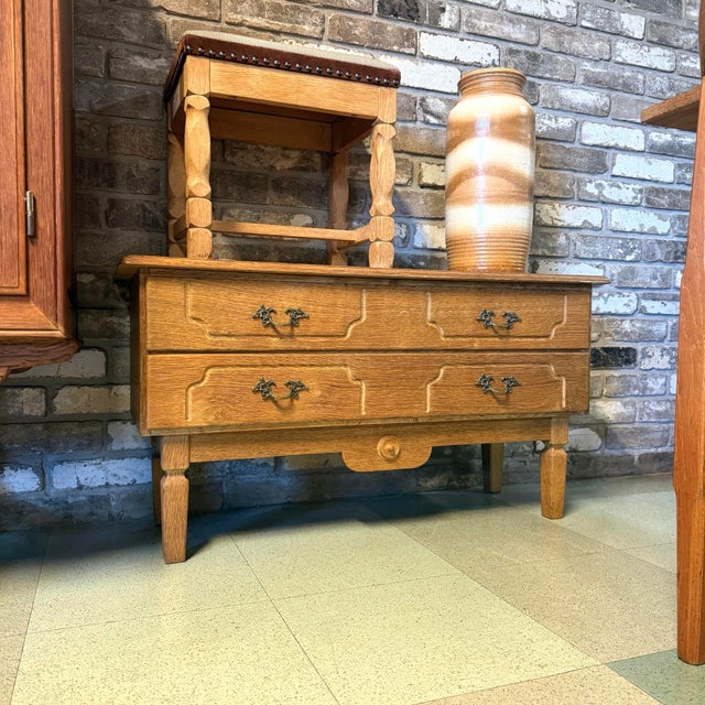 Vintage mid-century Danish Brutalist low hall chest in quarter-sawn carved and turned white oak attributed to Henning...