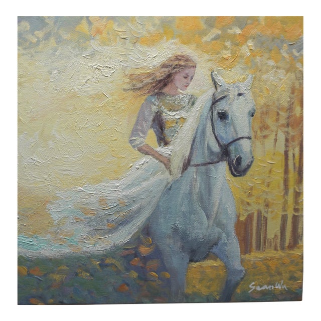 Original Oil Painting, a Girl Galloping on Horseback For Sale
