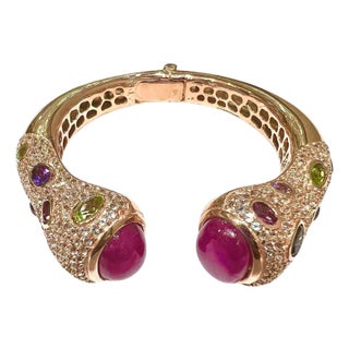 Bochic “Capri” Vintage Ruby & Multi Gem Bangle Set In 18K Gold & Silver For Sale