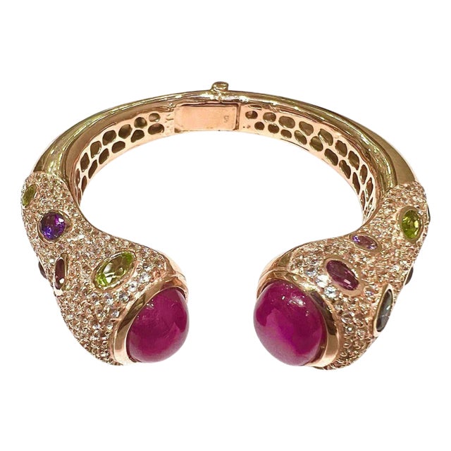 Bochic “Capri” Vintage Ruby & Multi Gem Bangle Set In 18K Gold & Silver For Sale