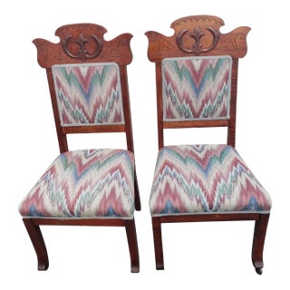 Edwardian Eastlake Carved Mahogany Upholstered Chairs, Circa 1920s, a Pair For Sale