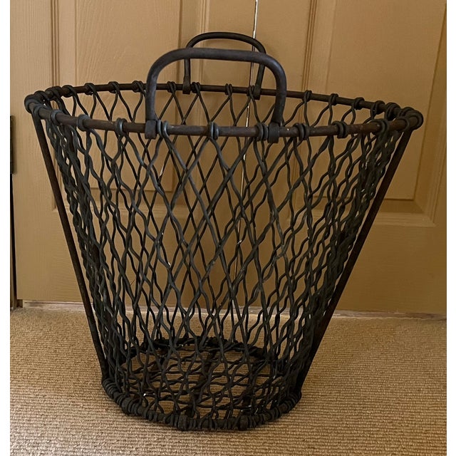 Large Antique Early 20th Century Heavy Gauge Industrial Wire Work Basket With Handles for Garden or Hearth For Sale - Image 11 of 17