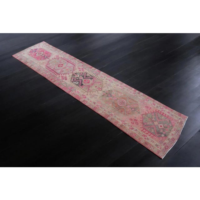 Mid-Century Modern Hand-Knotted Distressed Turkish Runner Rug . Low Pile Full Tribal Design Runner Rug 2′9″ × 12′3″ For Sale - Image 3 of 12