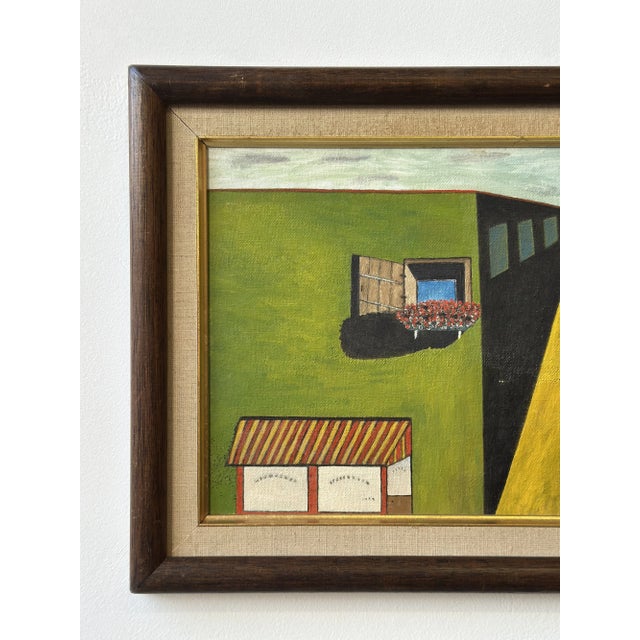 Wood Vintage Vibrant Surrealist Streetscape on Board, Dated 1969 For Sale - Image 7 of 12