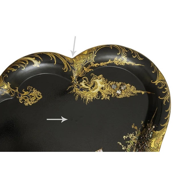 Paper English Antique Papier Mache Tray Mother of Pearl Wisteria Parlor Maid Tray 24.5" For Sale - Image 7 of 9