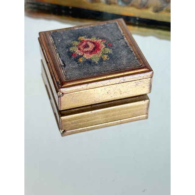 Vintage Mid Century Petit Point Floral Brass Pill Box Viennese Needlepoint Vanity Box For Sale - Image 12 of 12