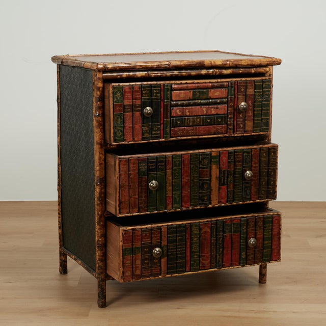 English Antique English Bamboo Leather Top Faux Book Chest of Drawers For Sale - Image 3 of 18