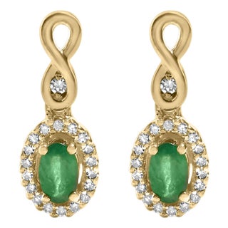 10K Yellow Gold Oval Cut Green Emerald 5x3 mm and 1/7 Cttw Round Diamond Dangle Earrings For Sale