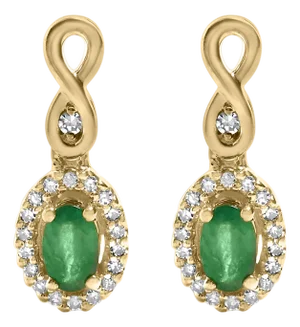 10K Yellow Gold Oval Cut Green Emerald 5x3 mm and 1/7 Cttw Round Diamond Dangle Earrings