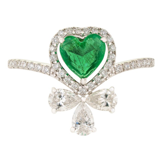 Heart Emerald and Diamond Statement Cocktail Ring in 18k Gold Size 4 For Sale