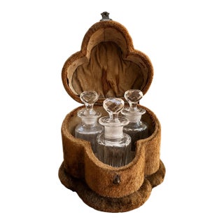 19th Century French Velvet Travel Perfume Caddy With Three Perfume Bottles For Sale