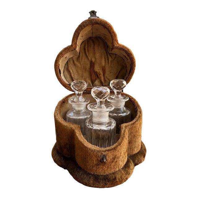 19th Century French Velvet Travel Perfume Caddy With Three Perfume Bottles For Sale