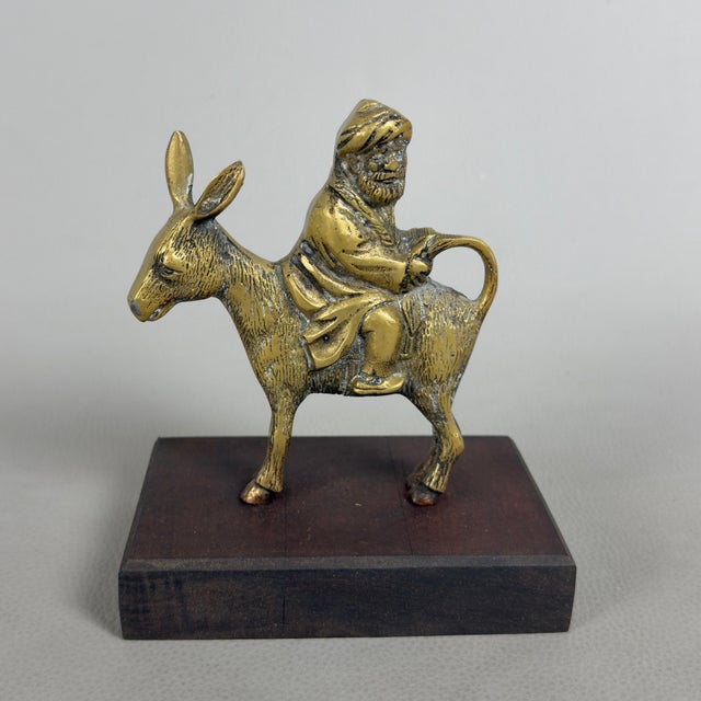 Brass Statue of Man on Donkey with Wooden Base, 20th Century For Sale - Image 5 of 11