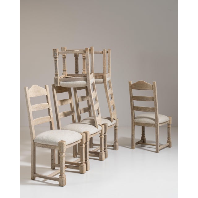 Set of Six 1970s French Beige Oak Dining Chairs with Upholstered Seats For Sale - Image 4 of 15