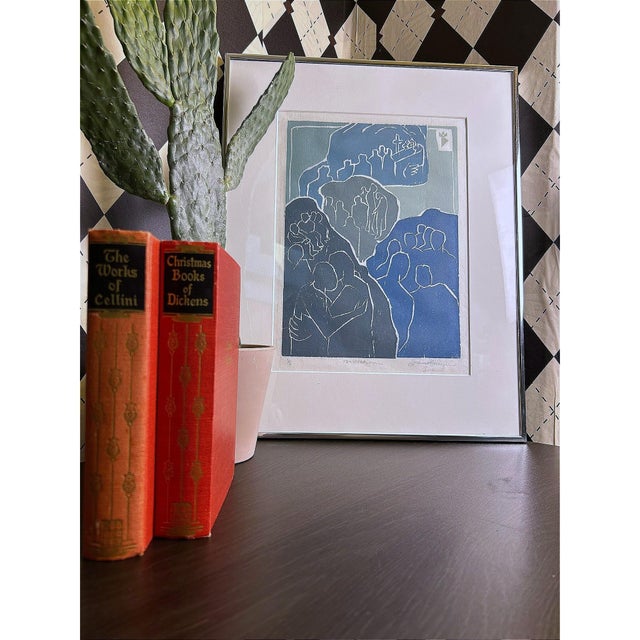 Signed Modernist Figurative Expressionist Relief Imp. Print in Blue & Green, Numbered 1/5 by Lorraine Kreimeyer For Sale - Image 9 of 9