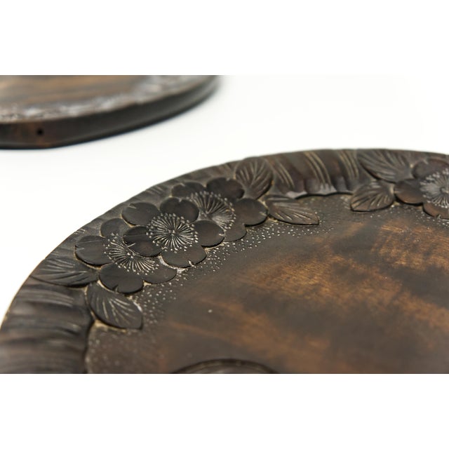Cherry Blossom Carved Wood Decorative Plates Chargers Trivets Set of 3 For Sale In Louisville - Image 6 of 6
