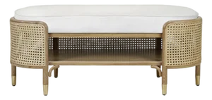 Matthew Izzo Home Beale Cerused Oak Colonial Style Bench With Woven Cane Panels, White Linen Cushion, and Open Shelf