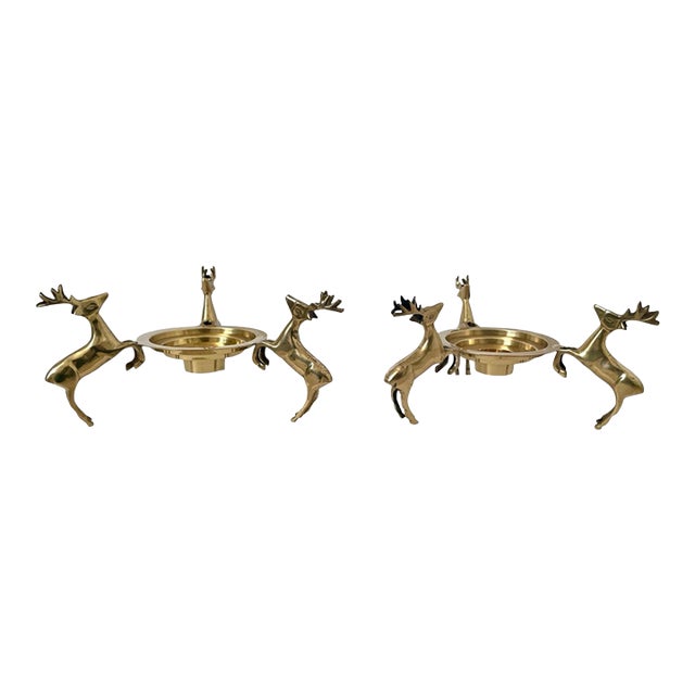 2 Vintage Brass Deer Reindeer Trios Footed Large Pillar Candle Holder Christmas For Sale